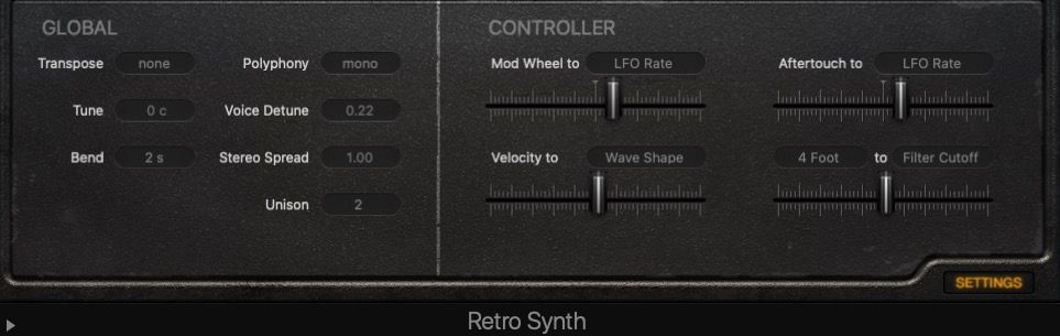 Configurações globais e do controlador no Retro Synth no Logic Pro