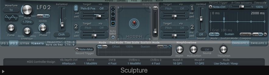 کنترل‌های LFO، پاکت و MIDI در Sculpture in Logic Pro