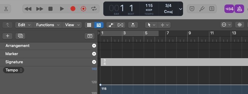 Tempo display, metronome, and global tracks drop-down in Logic Pro