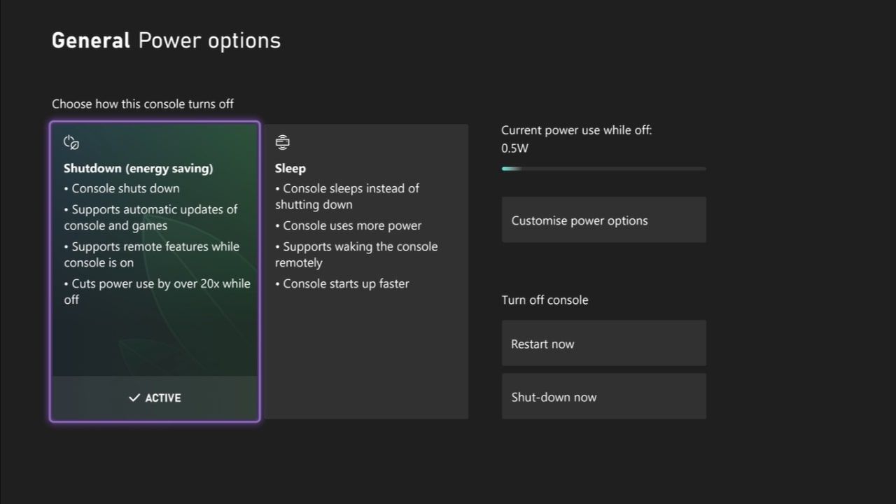 Uma captura de tela das opções de energia no Xbox Series X com o modo Desligar destacado
