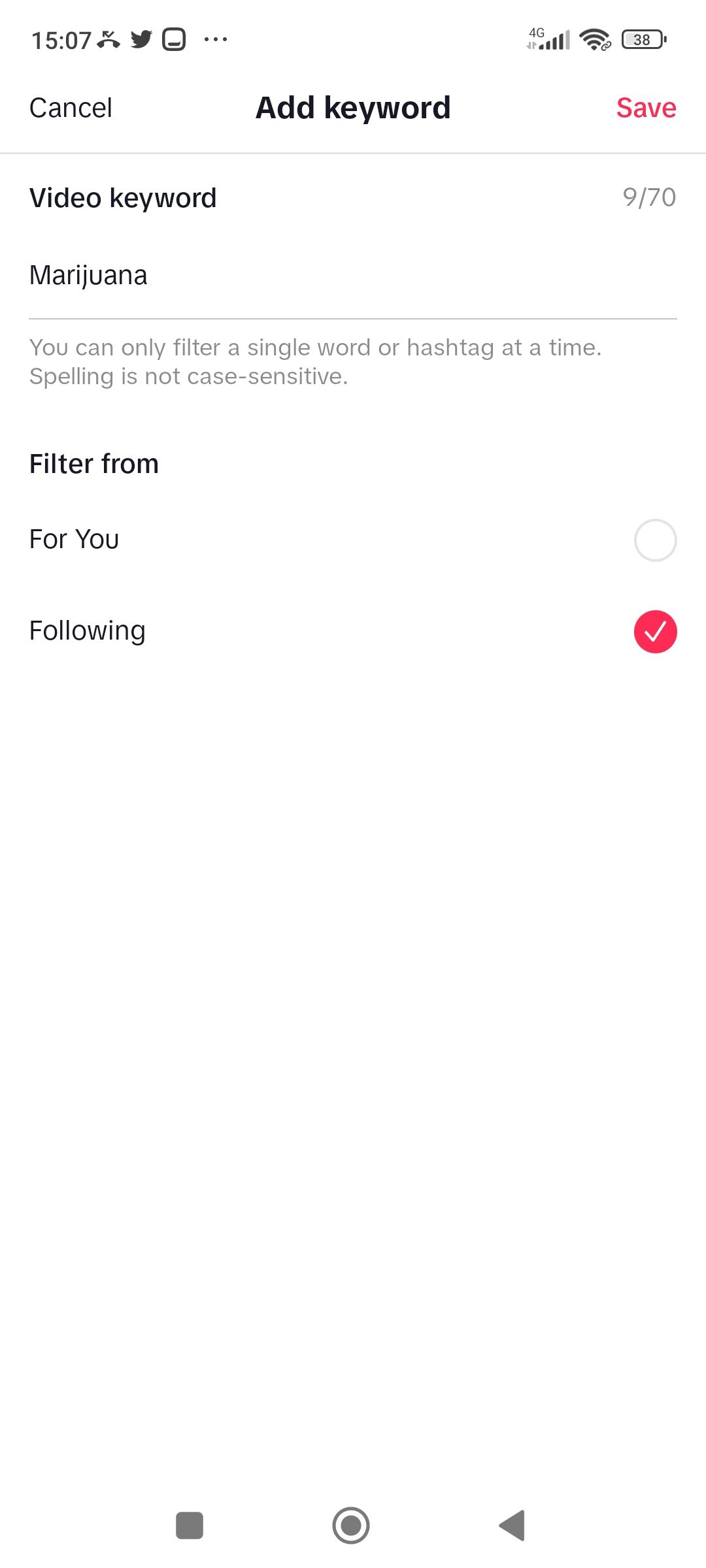 اسکرین شات نحوه ذخیره یک کلمه کلیدی فیلتر شده در TikTok را نشان می دهد