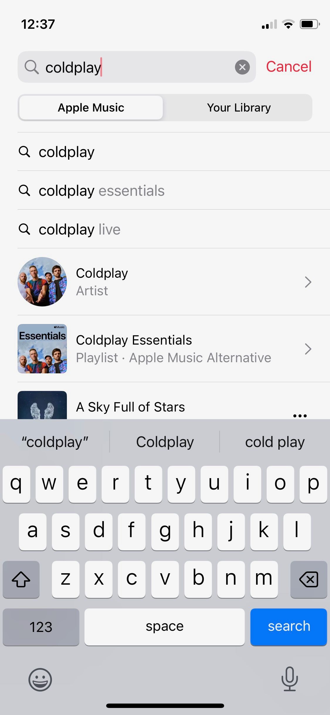 Screenshot of Apple Music iOS search function
