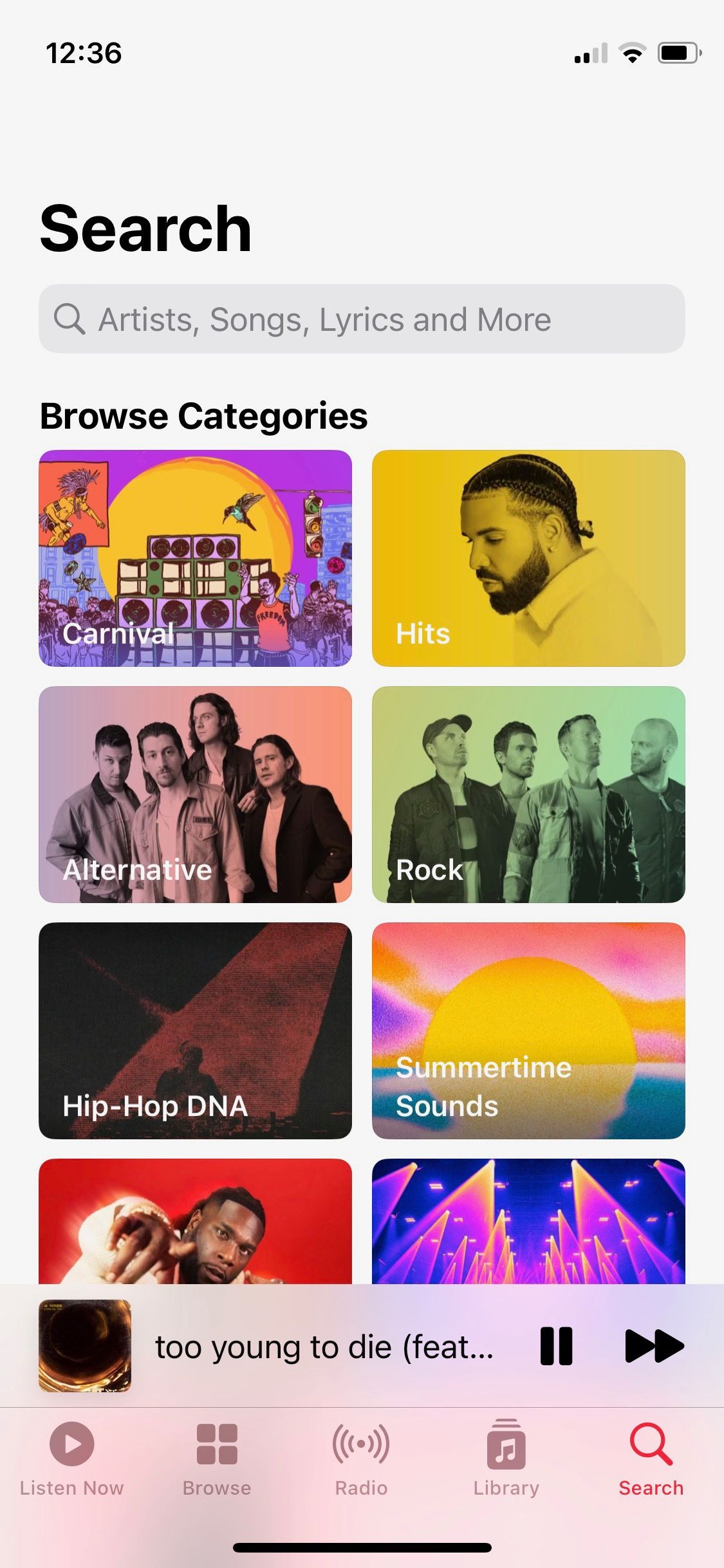 Screenshot of Apple Music iOS search menu