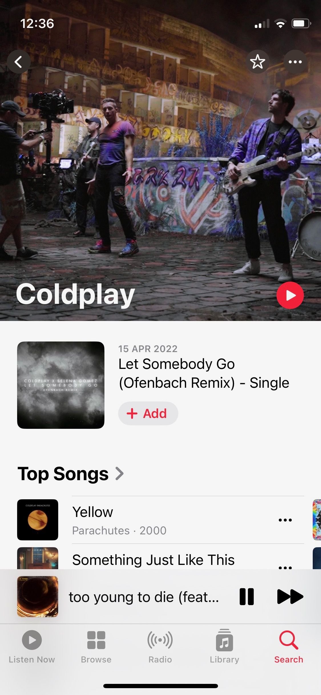 Screenshot of Apple Music iOS search results for Coldplay