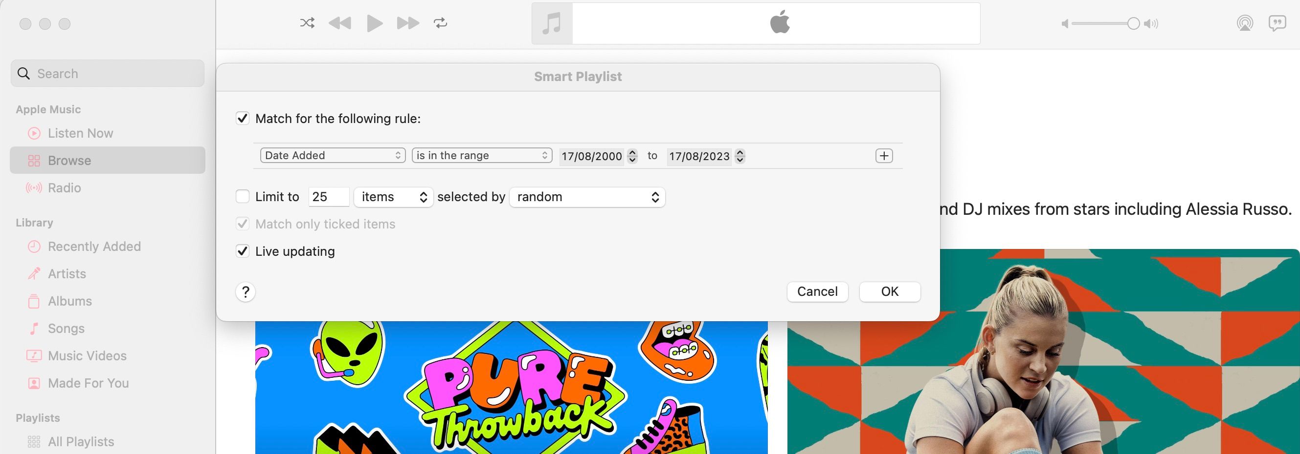 Captura de tela do menu de criação da lista de reprodução inteligente do Apple Music macOS