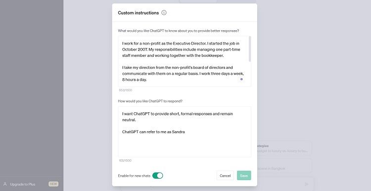 Screenshot of ChatGPT custom instructions