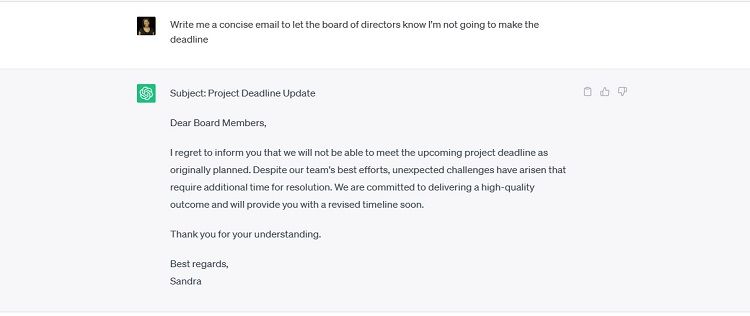Screenshot of ChatGPT letter to board advising not going to make deadline