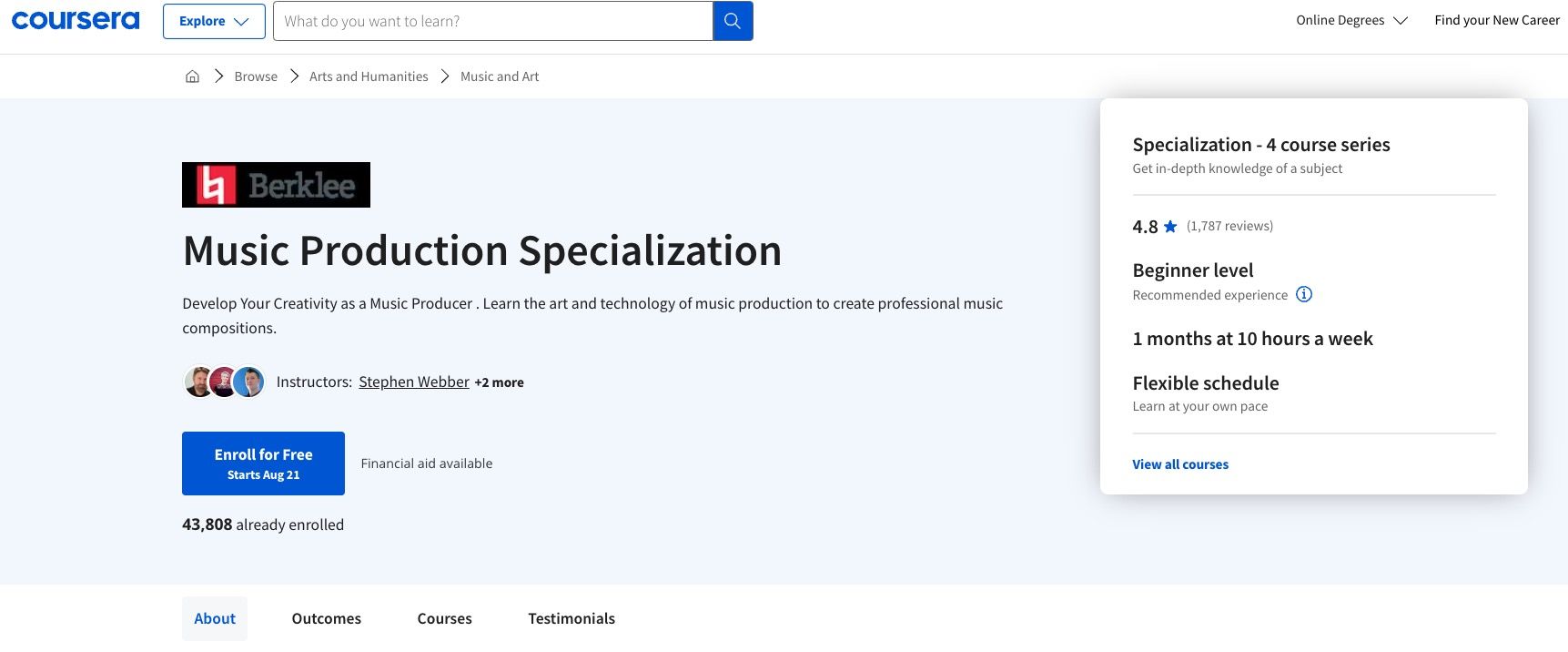 Captura de tela do curso Coursera sobre produção musical