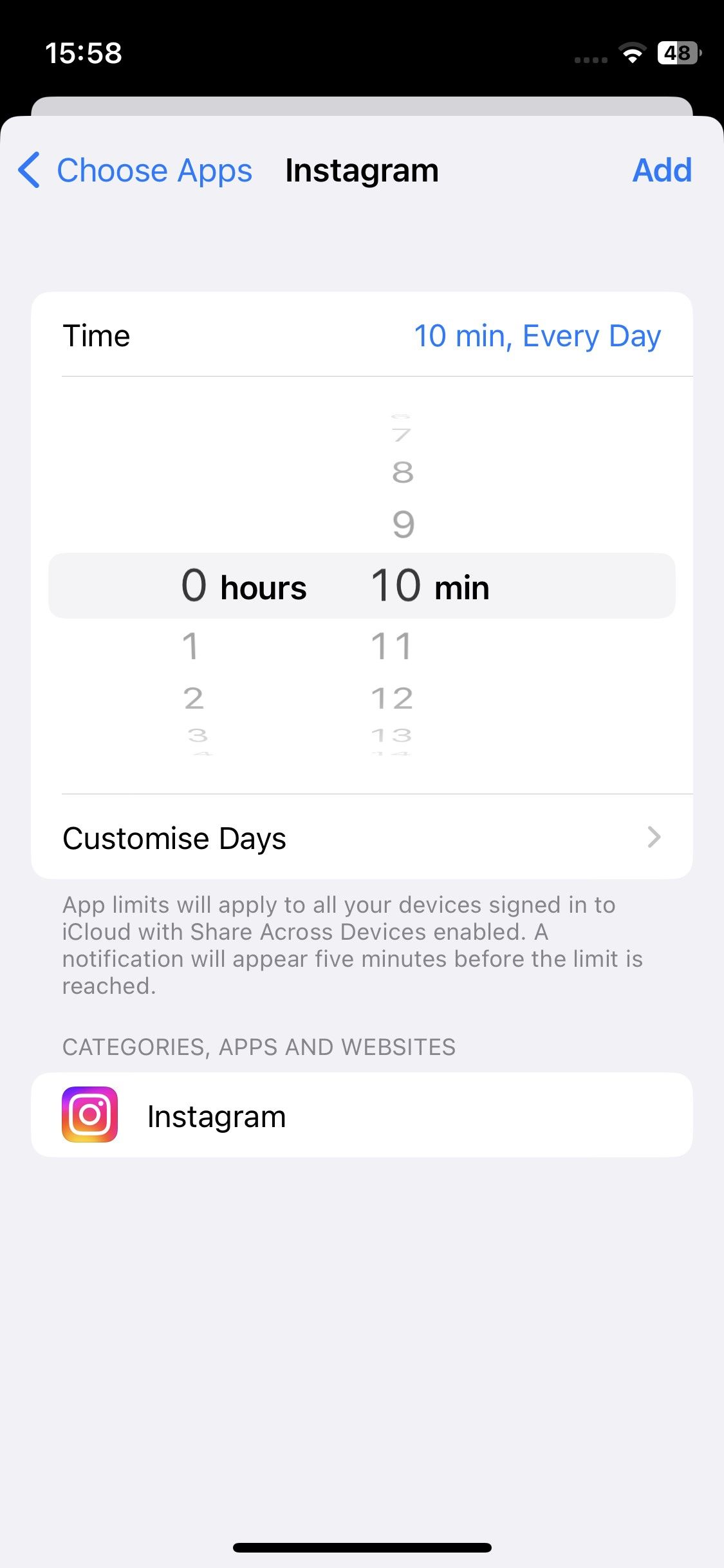 اسکرین شات از iOS Screen Time محدودیت زمانی 10 دقیقه را تنظیم می کند