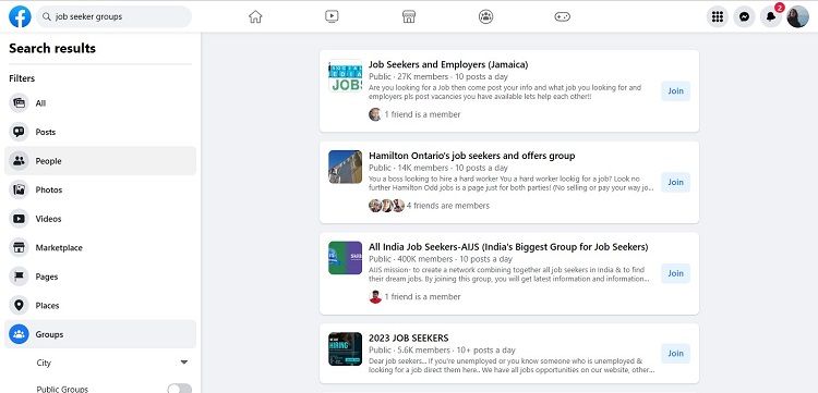اسکرین شات از گروه های جویای کار در جستجو در فیس بوک