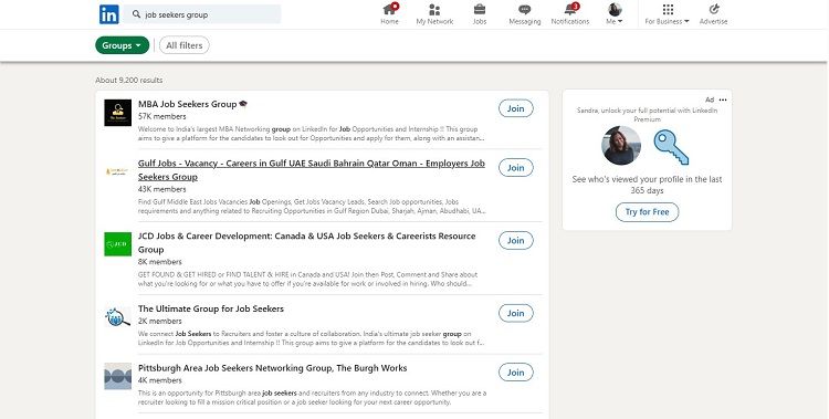 اسکرین شات جویای کار در جستجوی گروهی در LinkedIn.com نتیجه می گیرد