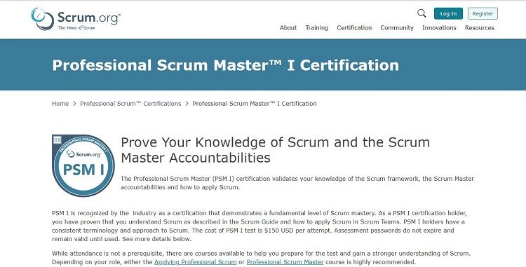 تصویر صفحه گواهینامه حرفه ای اسکرام مستر I از Scrum(dot)org