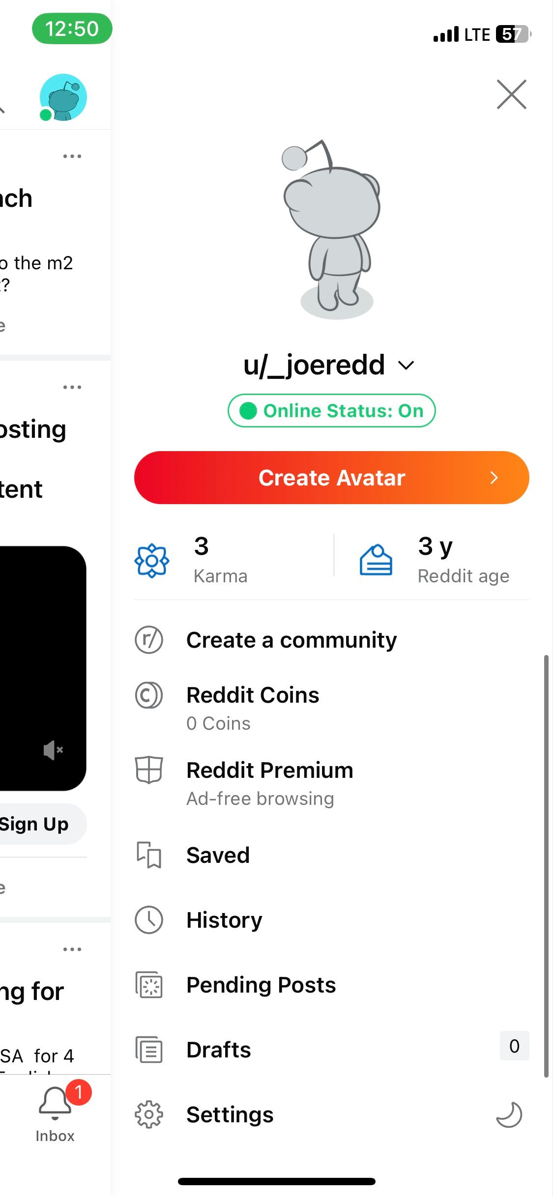 screenshot of Reddit profile menu
