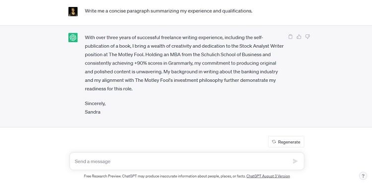 Captura de tela do resumo das qualificações por ChatGPT