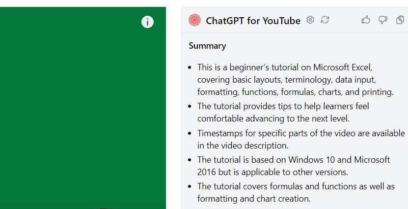 Screenshot Showing Generated Summary by ChatGPT for YouTube