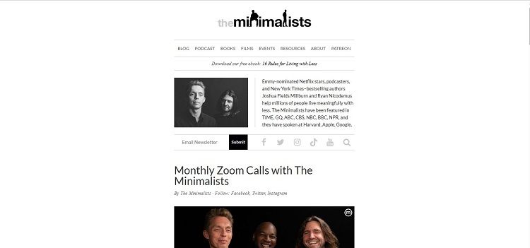 اسکرین شات صفحه اصلی theminimalists.com