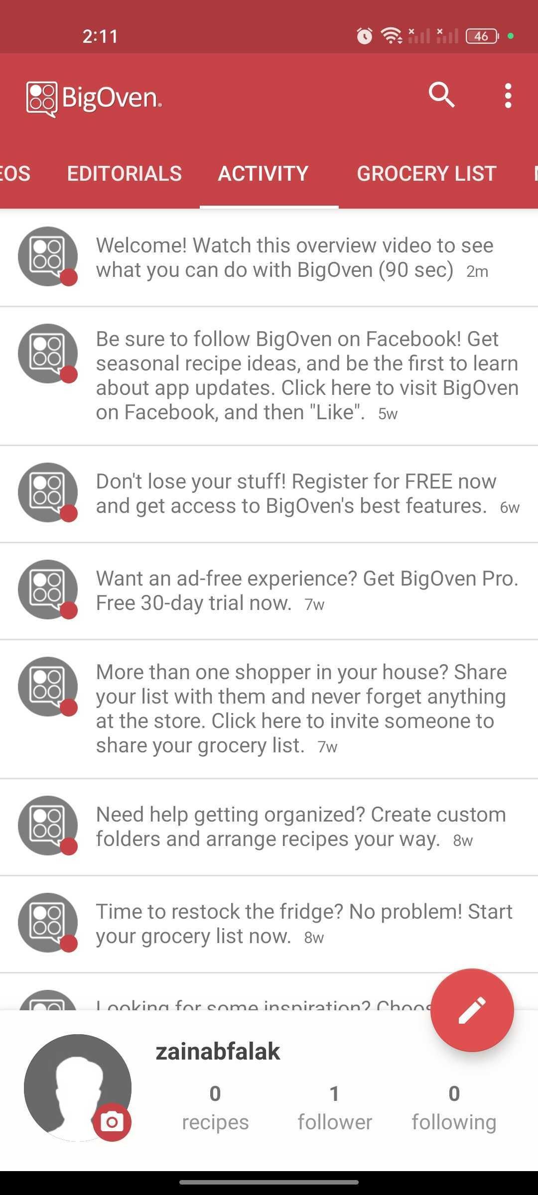 Activity section in the BigOven app
