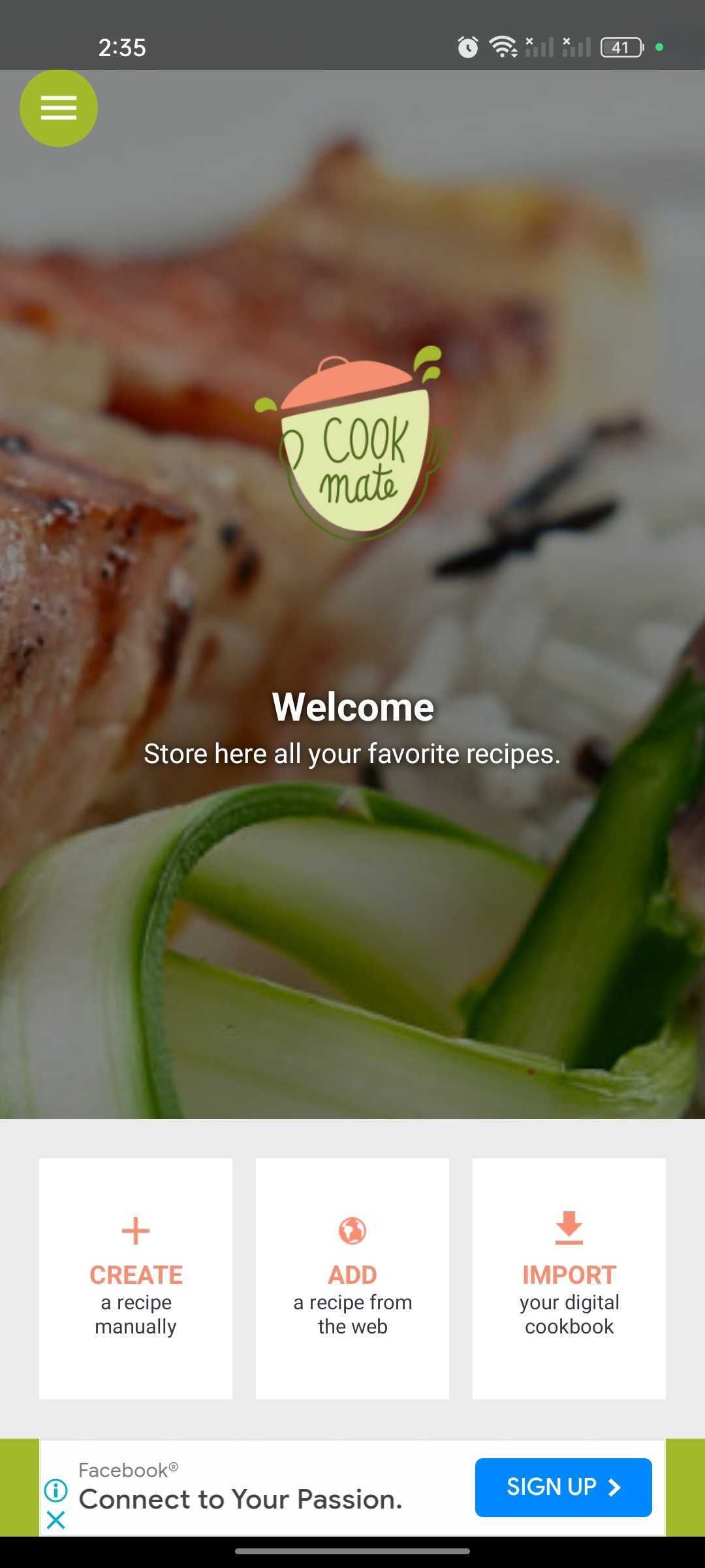 Cookmate app homepage in Android