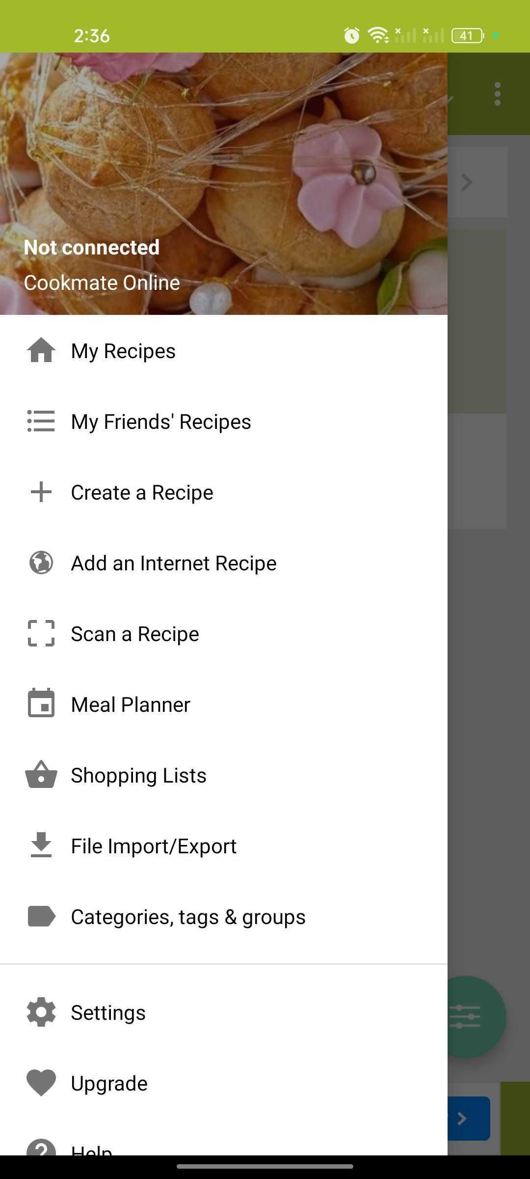 Cookmate menu bar in Android