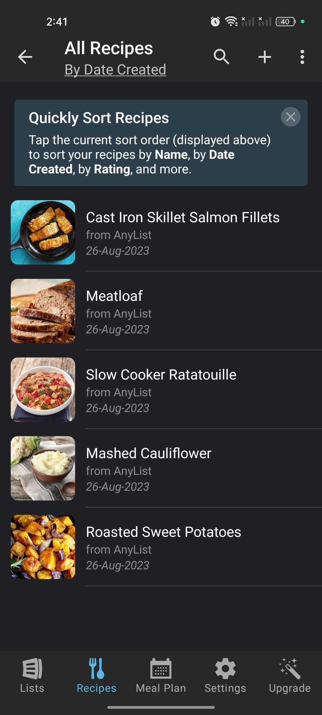 Recipes section in the Anylist app