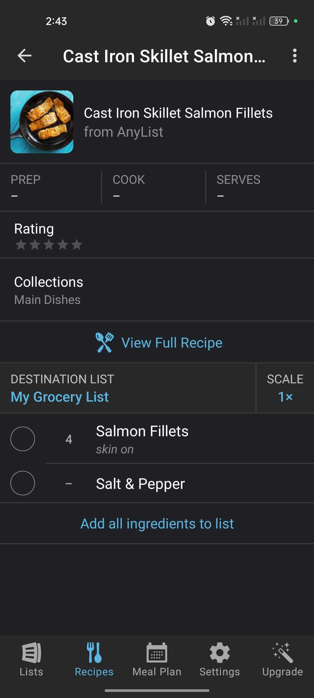 Salmon fillet recipe in the AnyList app