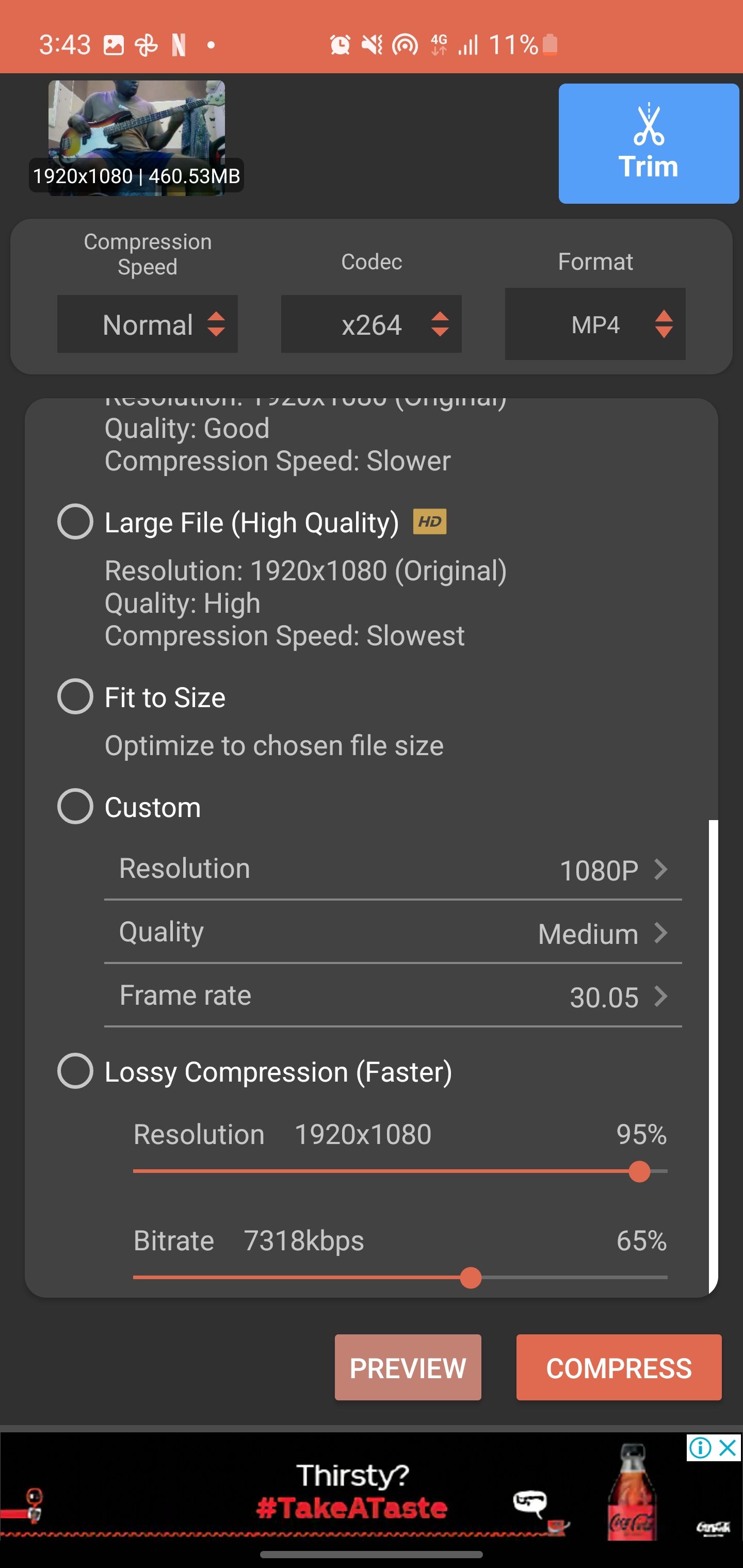 Screenshot showing further compression settings in Video Compressor app