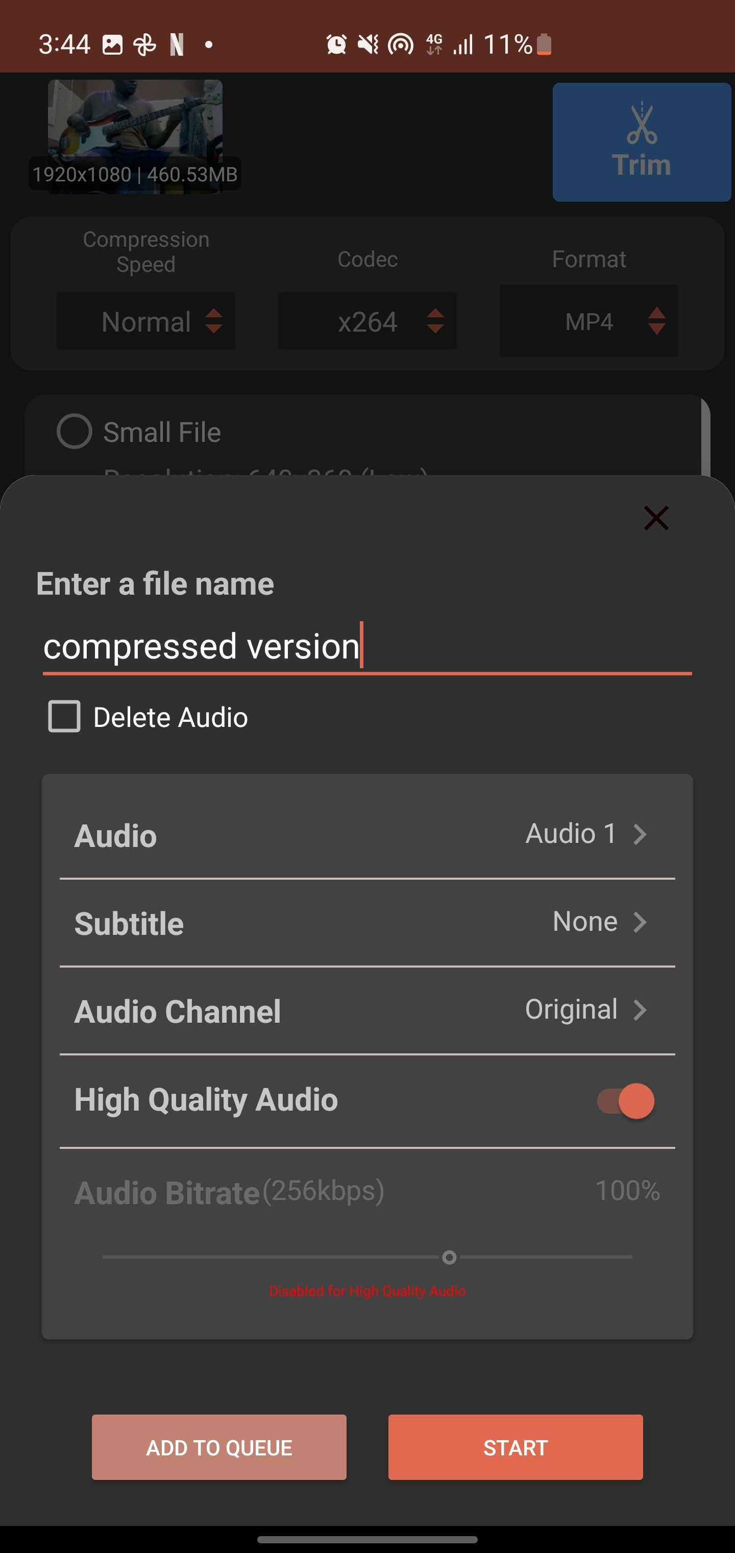 Screenshot showing how to name a compressed video file in Video Compressor app