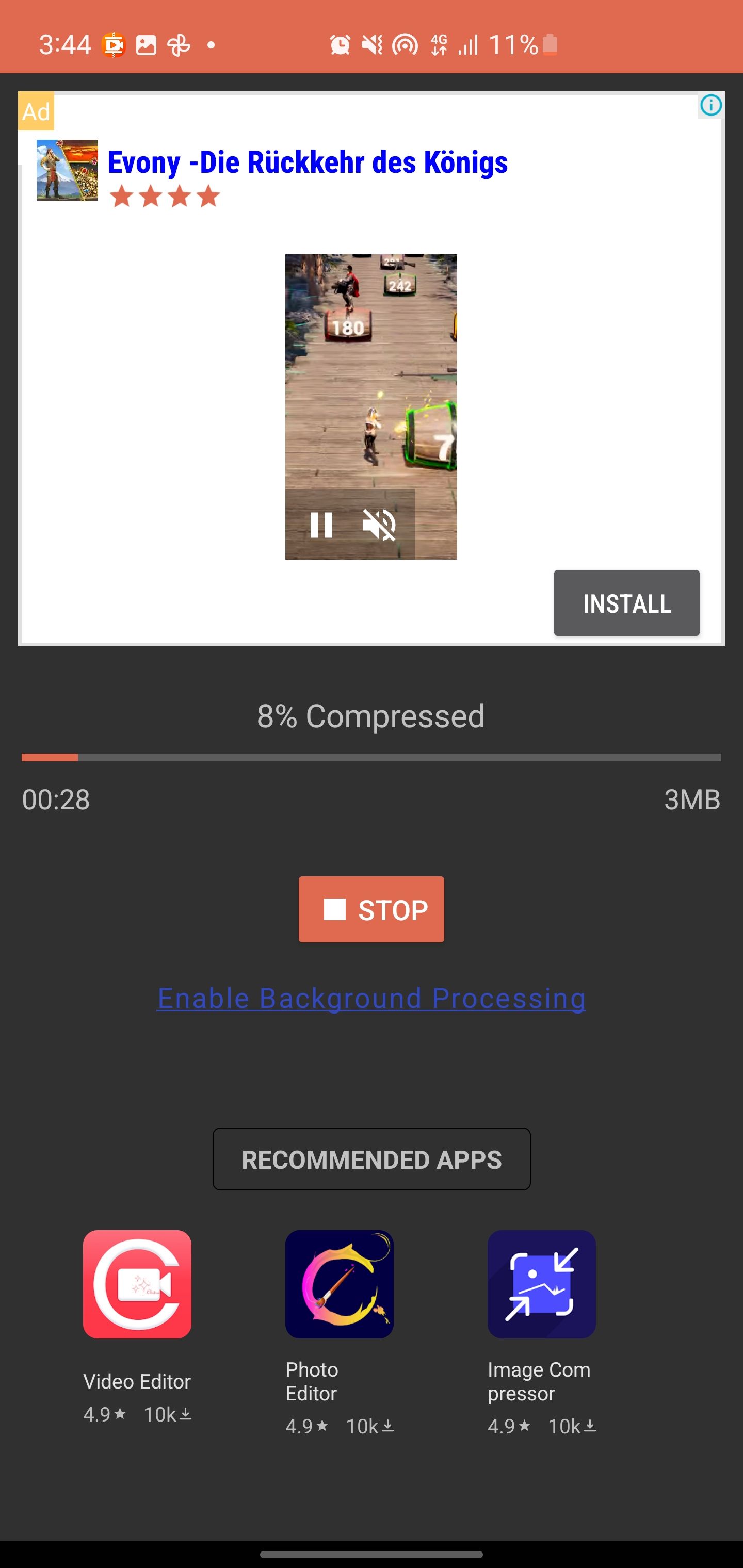 Screenshot showing compressed video file processing in Video Compressor app