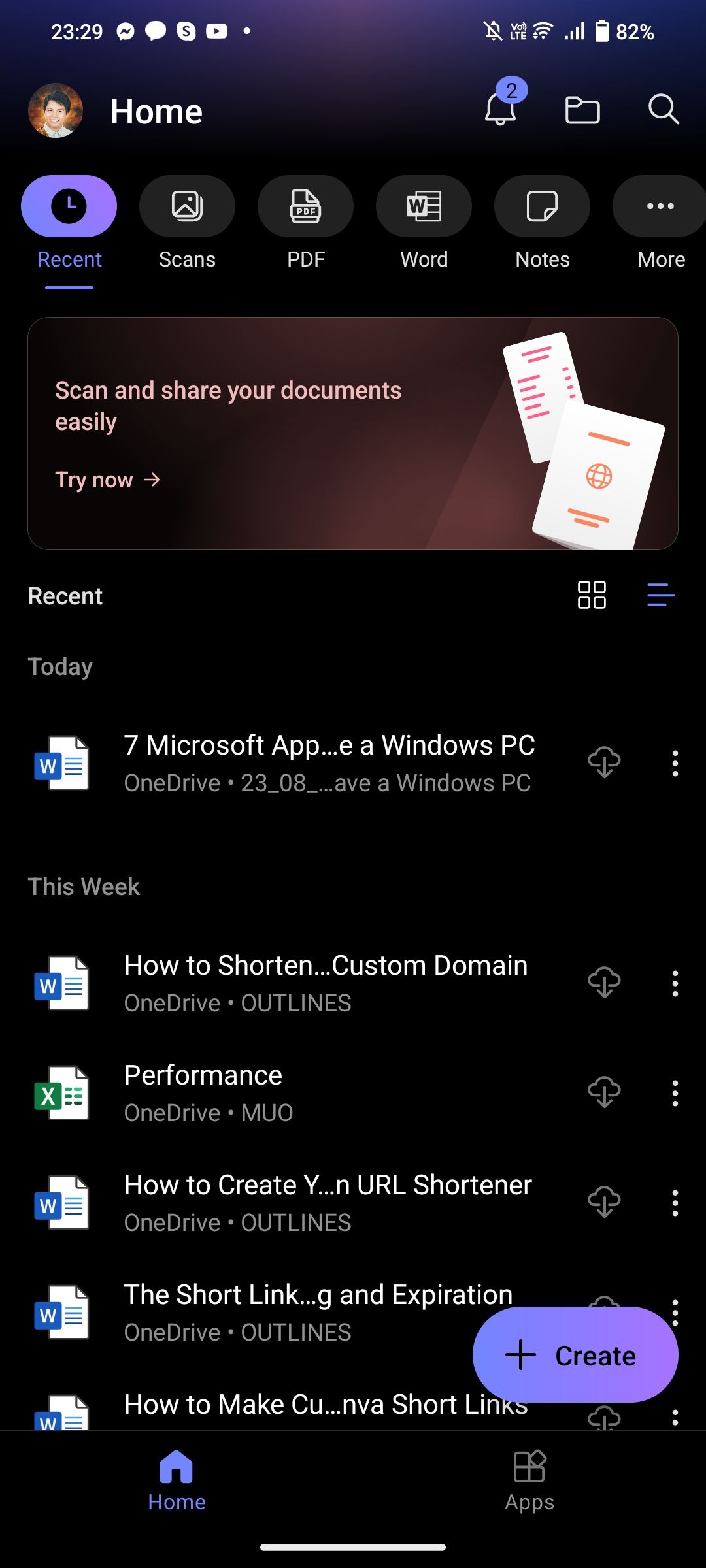 Домашний экран Microsoft 365 на Android