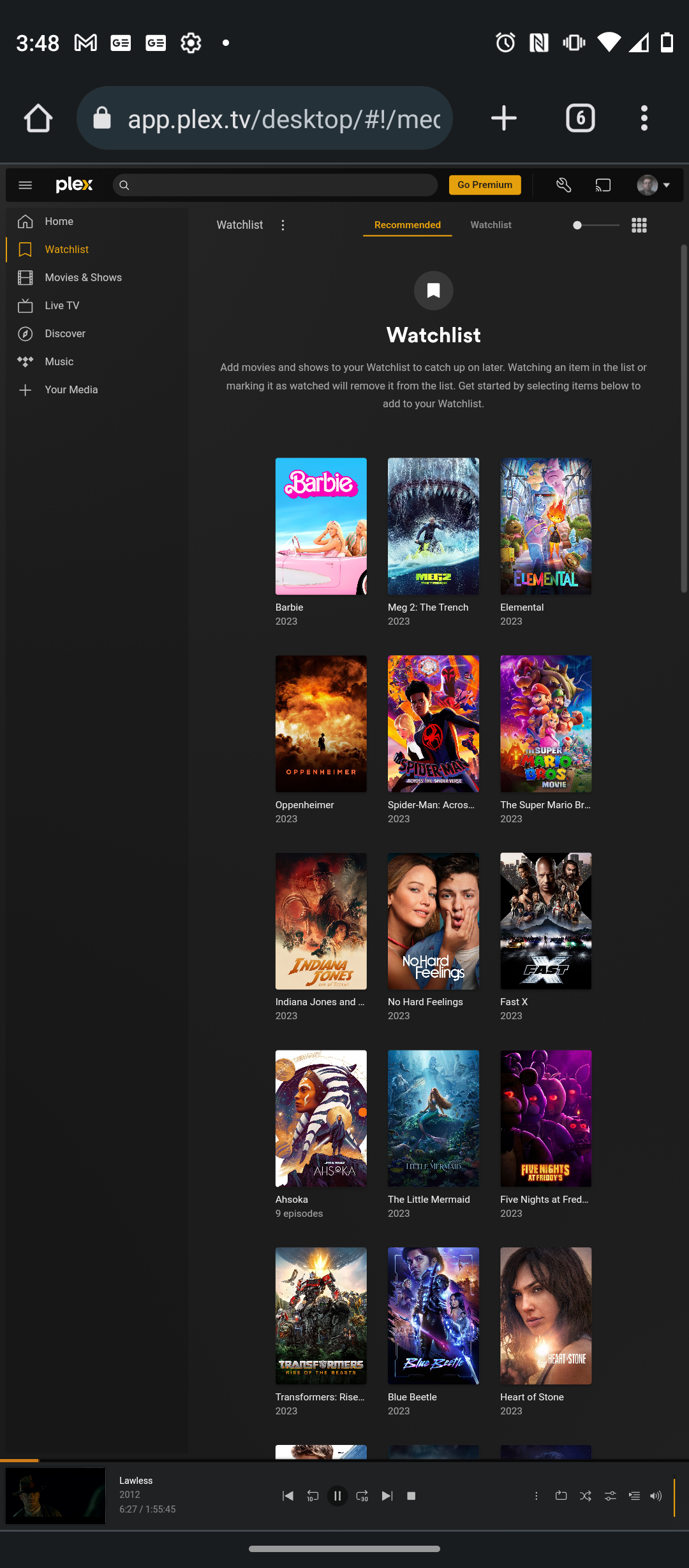Streaming Plex content viewed on a mobile device browser.