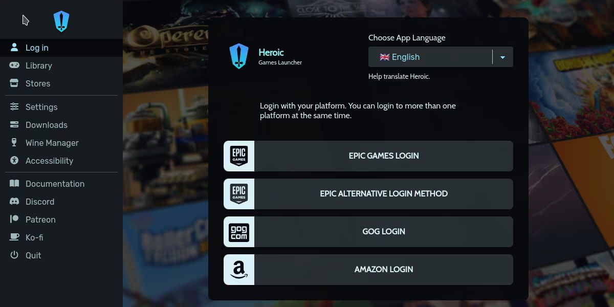screenshot of the heroic games launcher login page