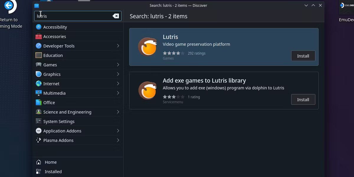 screenshot of Lutris in the discover store