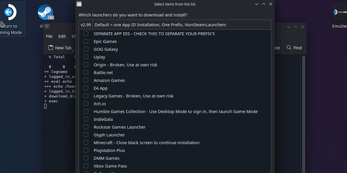 screenshot of nonsteamlaunchers list of launchers