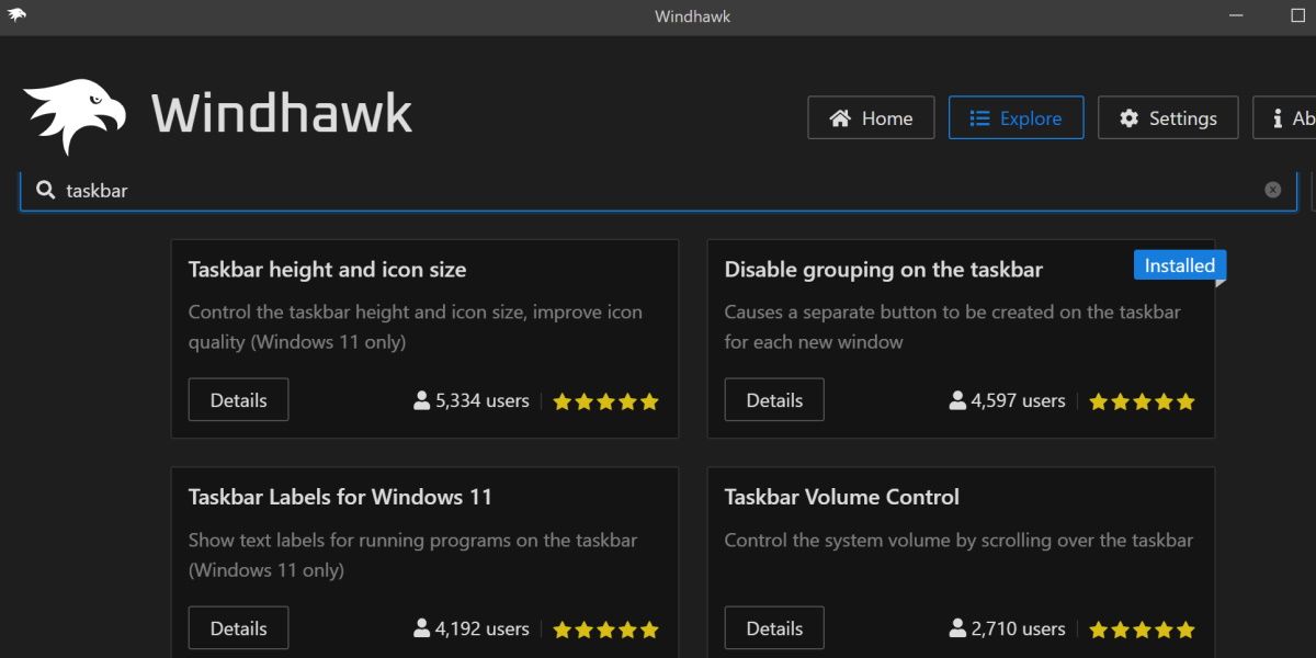 captura de tela da pesquisa na barra de tarefas no windhawk