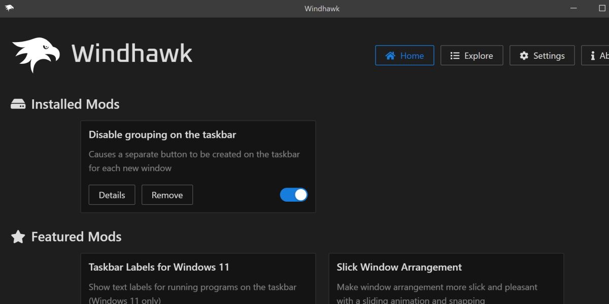 captura de tela da tela principal do windhawk