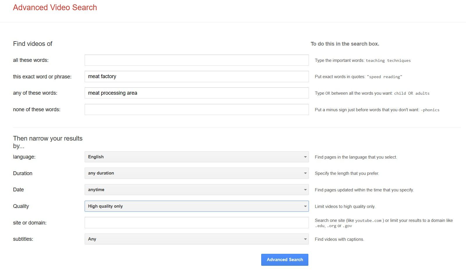 Searching about the Meat Processing Factory in the Google's Advanced Video Search Tool