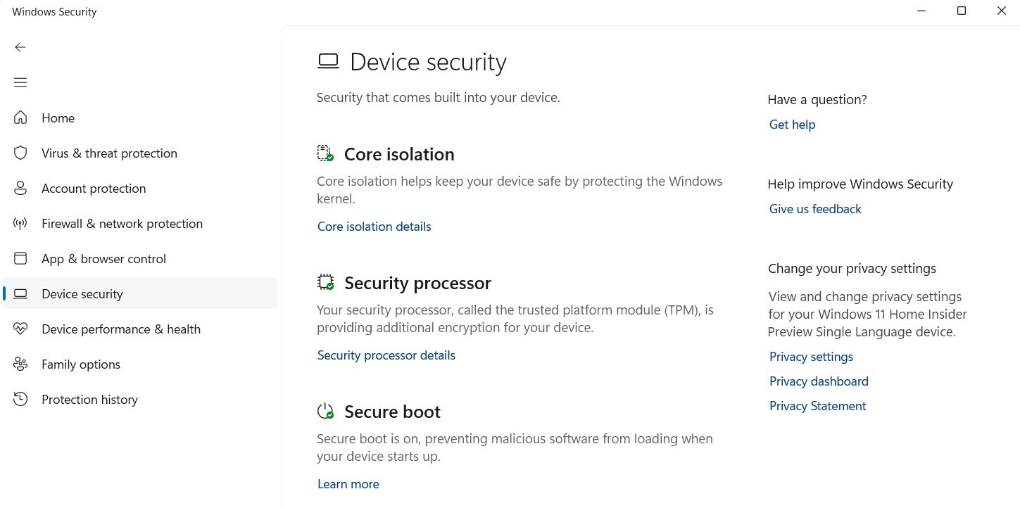 Параметр Сведений о процессоре безопасности в разделе Безопасность Windows