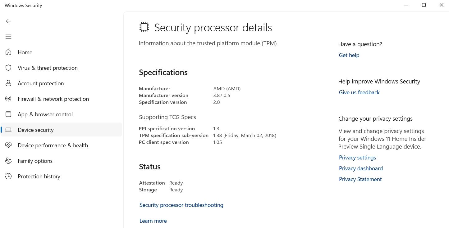 Опция устранения неполадок процессора безопасности в приложении безопасности Windows