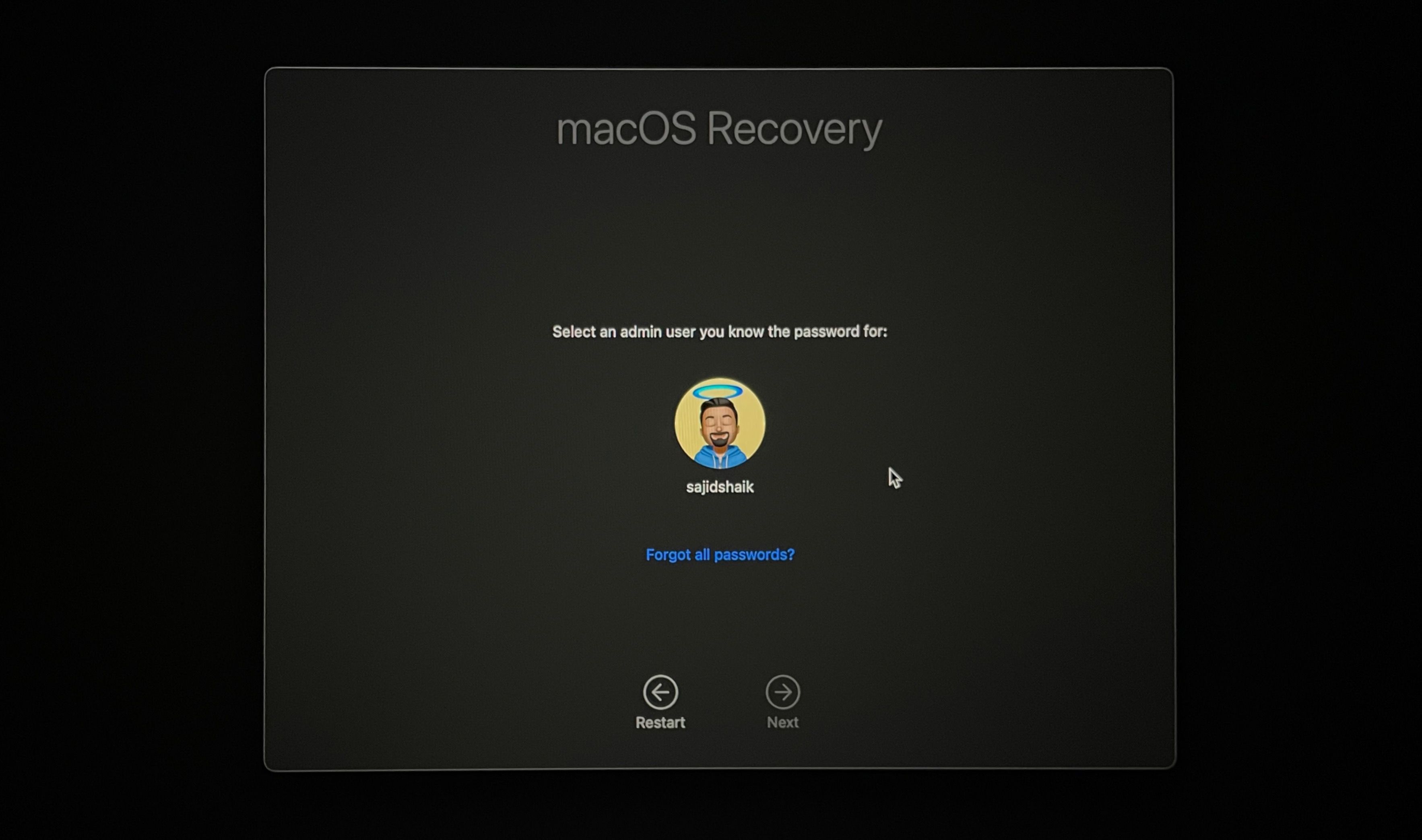 Select the admin account in macOS Recovery and enter your password