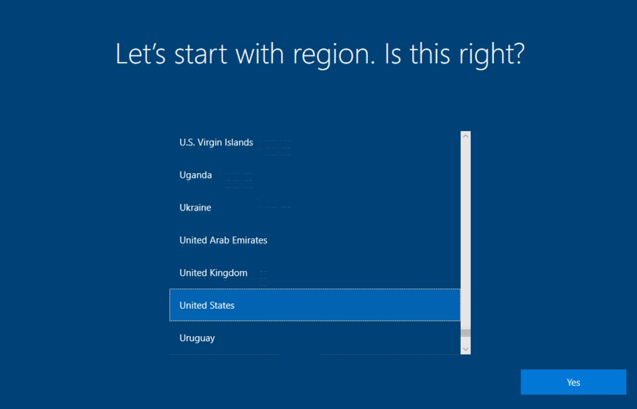 selecting geographical region windows install