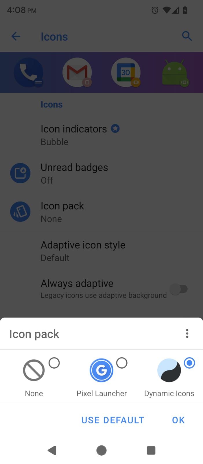 Selecting the default icon pack in Action Launcher Settings