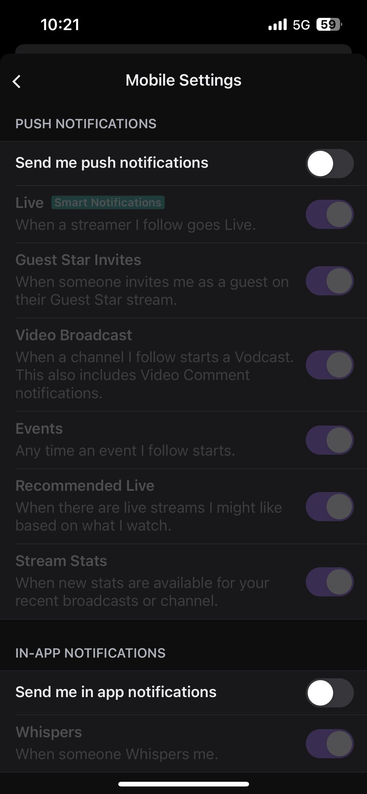 گزینه Send me push notifications در برنامه موبایل Twitch