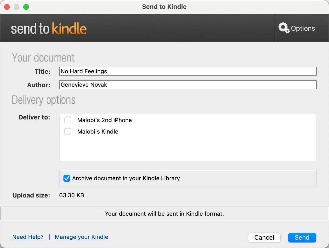 Janela de entrega de documentos Enviar para Kindle no aplicativo Mac