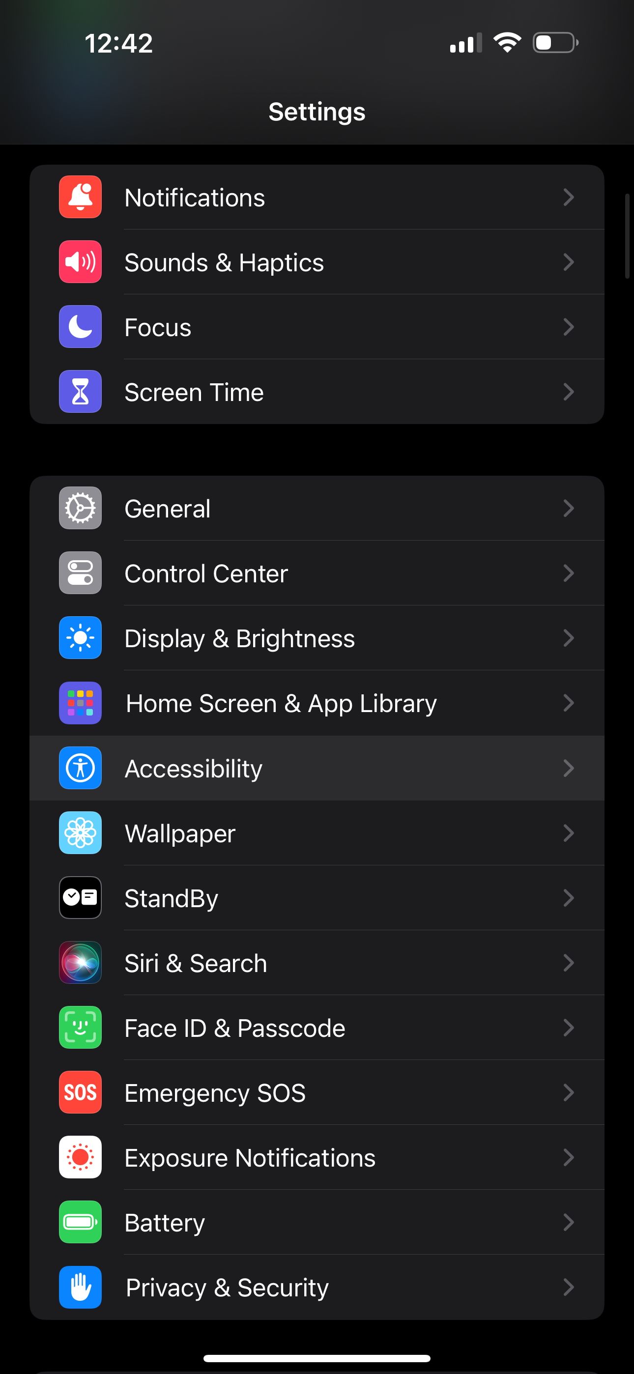 Settings app in iOS with Accessibility highlighted