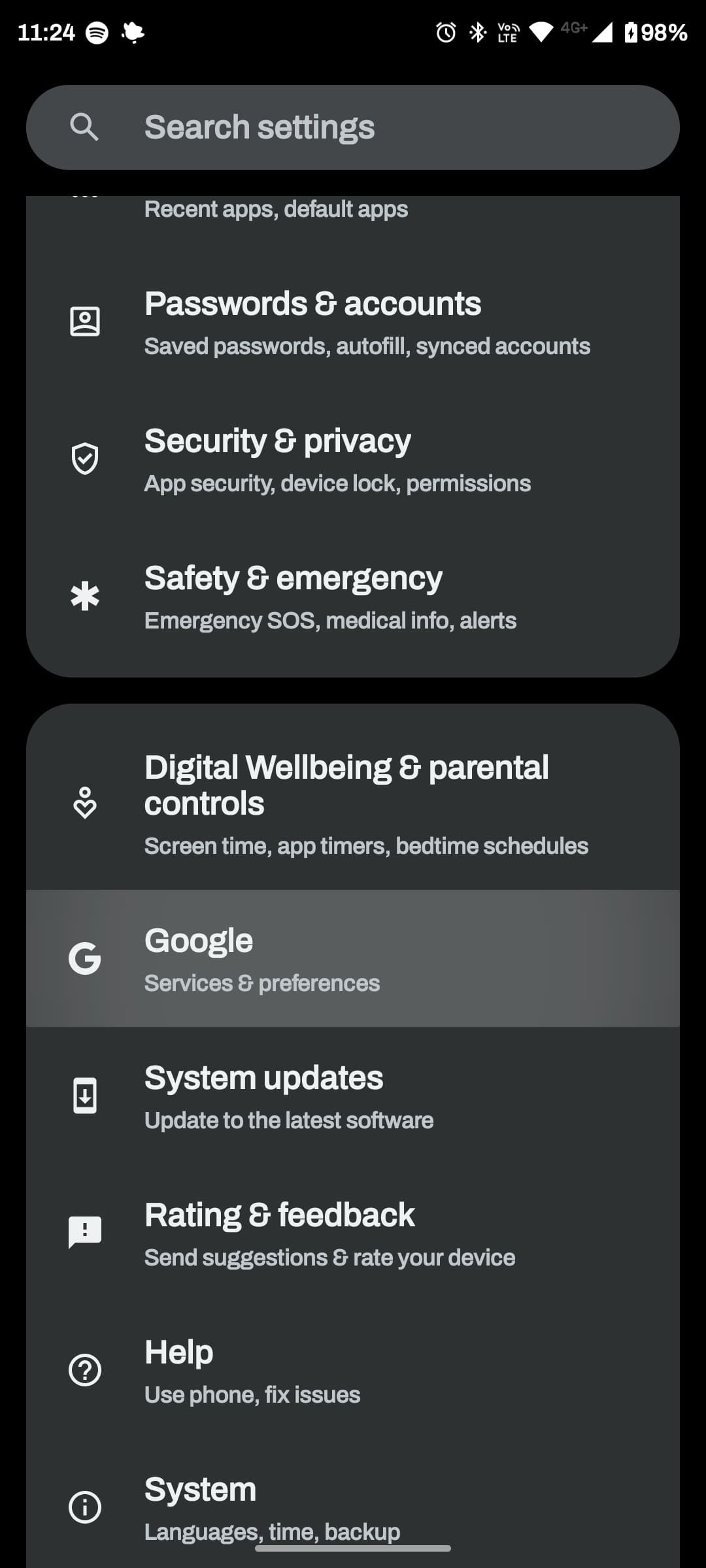 تنظیمات Android با Google انتخاب شده است