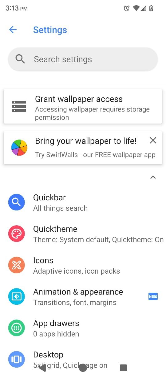 Settings menu and option in Action Launcher Pixel Edition