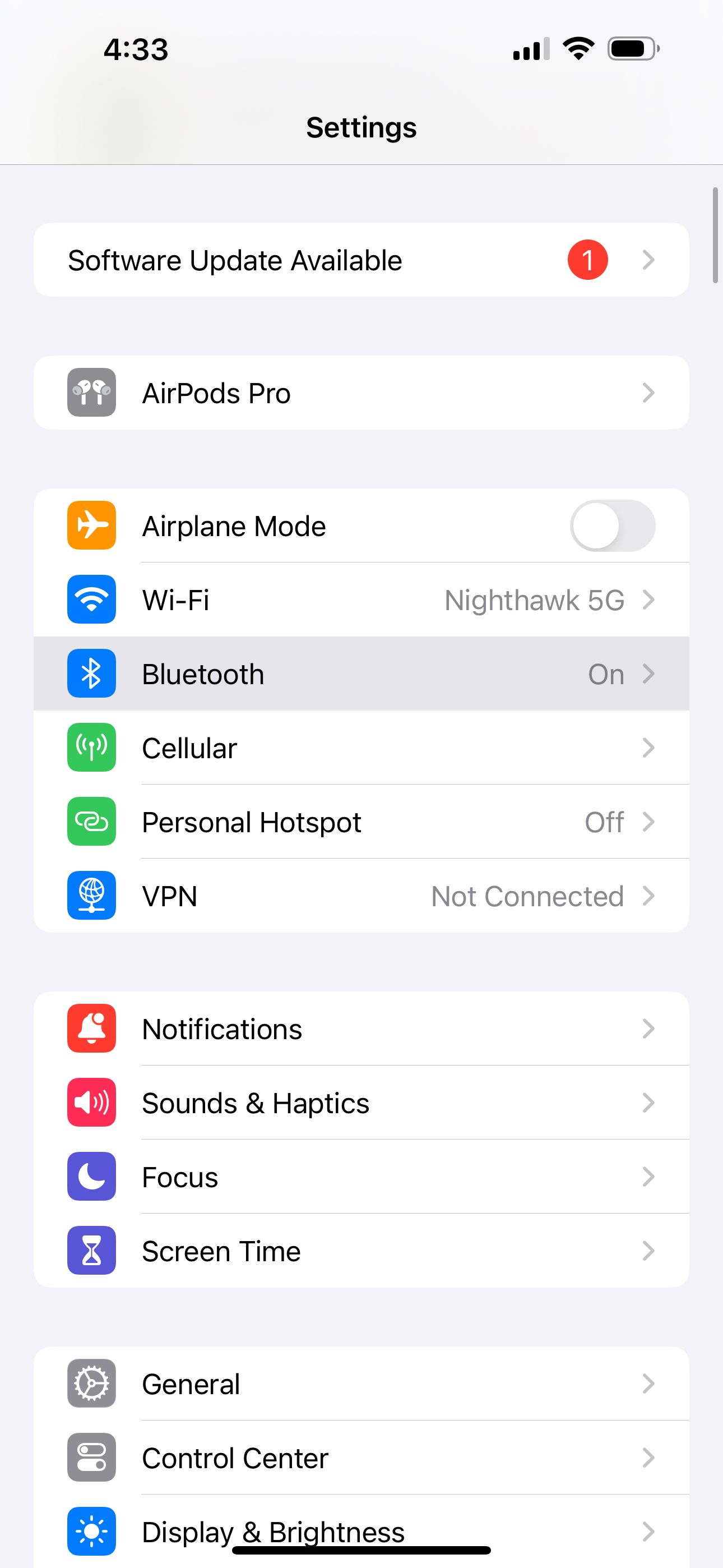 Settings menu in iOS 17