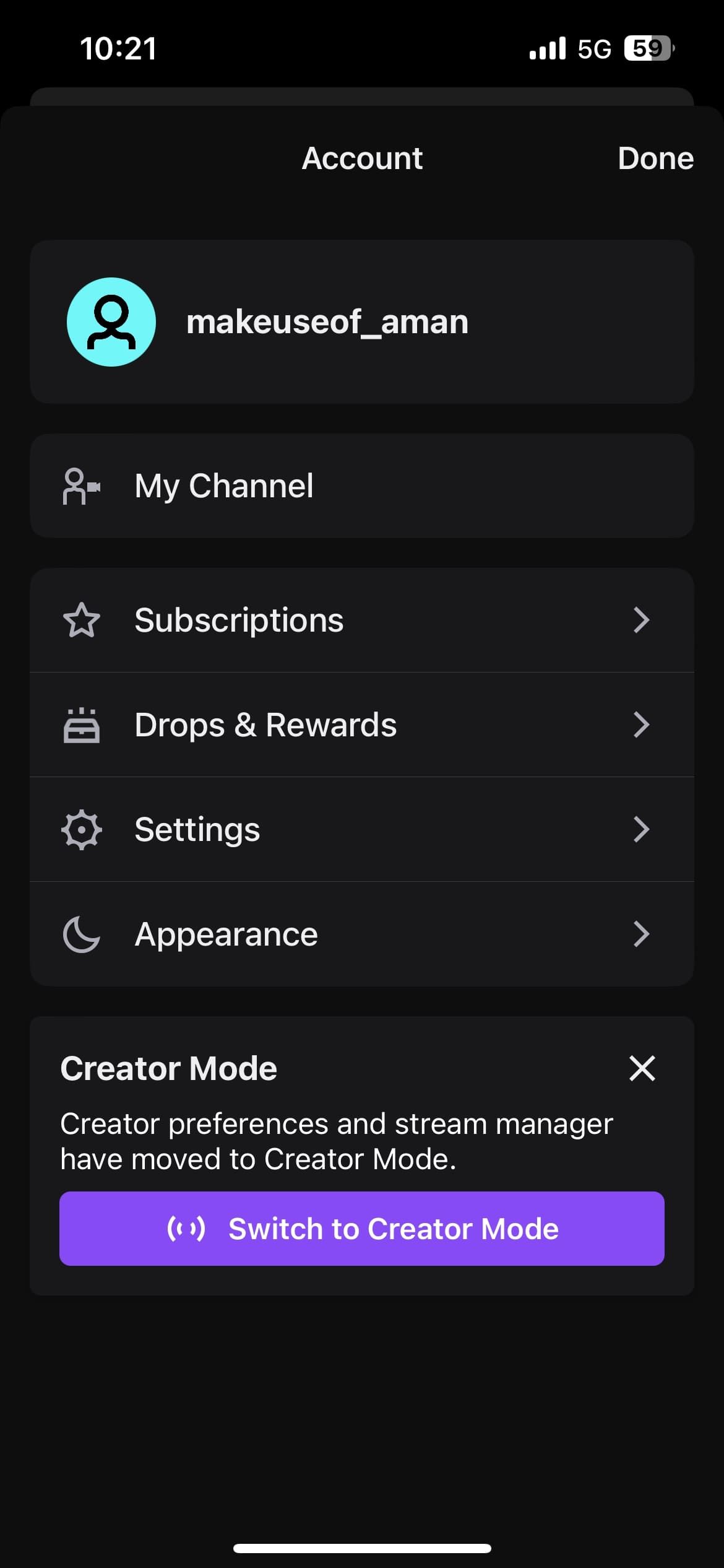 گزینه تنظیمات در برنامه موبایل Twitch