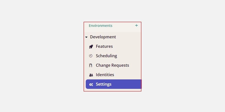 Tab pengaturan lingkungan pengembangan di panel menu kiri pada layanan cloud Flagsmith 