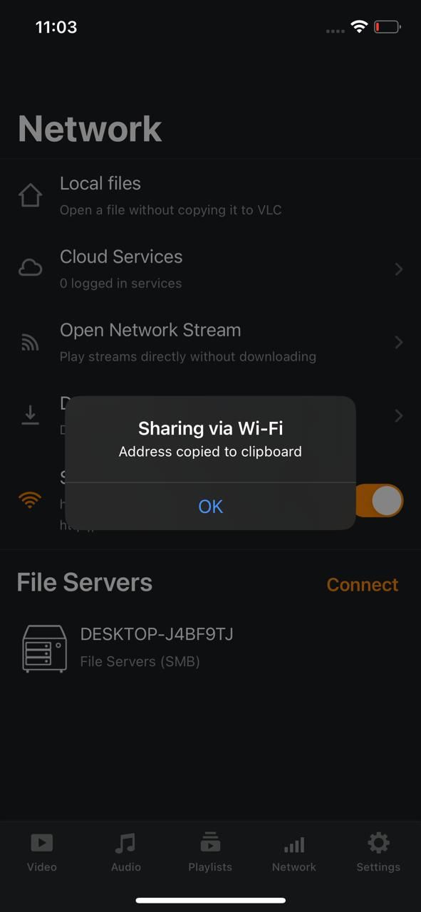 Compartilhamento via endereço Wi-Fi copiado para a área de transferência